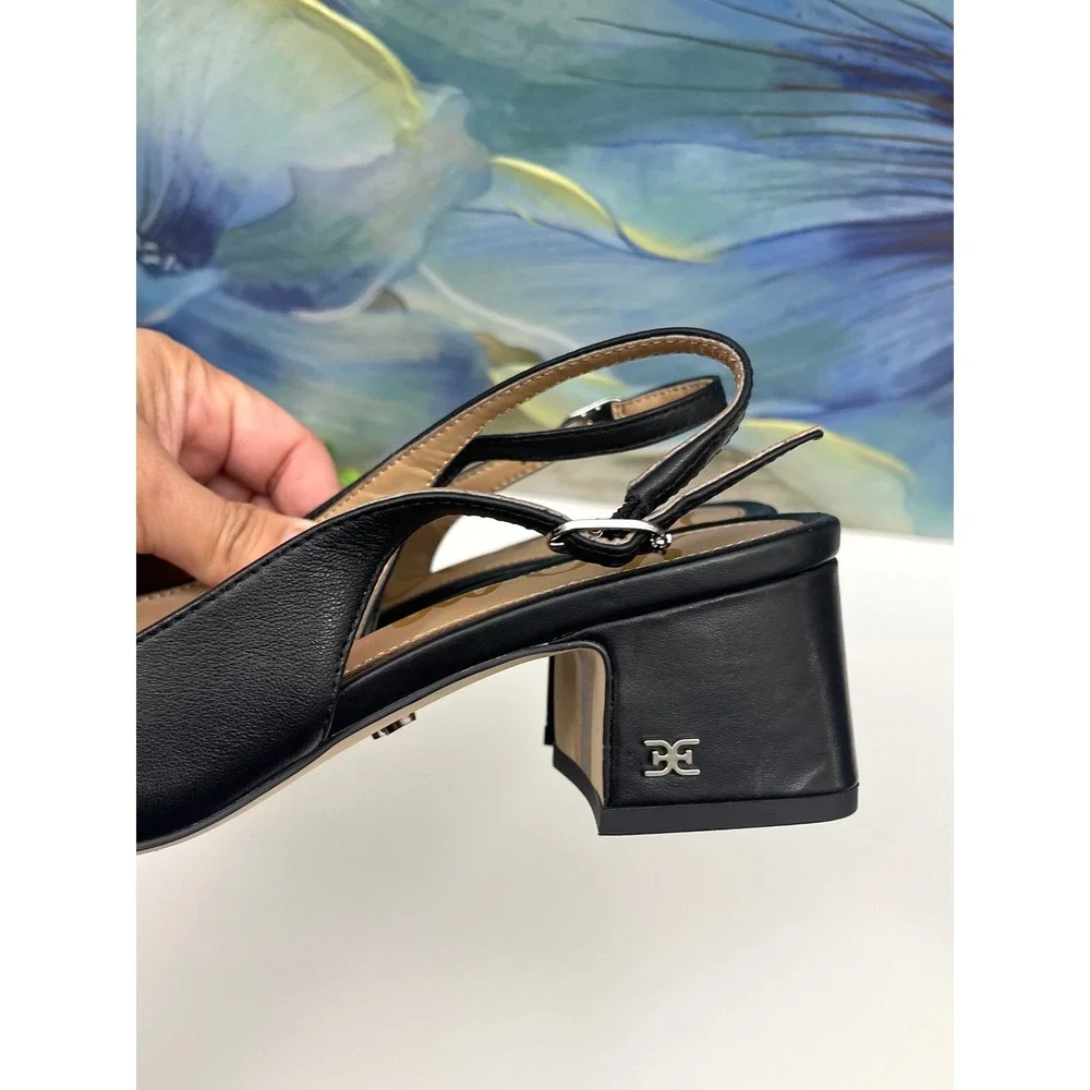 Sam Edelman Tarra Black Leather Square Toe Slingback Block Heel Pumps Womens 6.5 - Picture 8 of 12